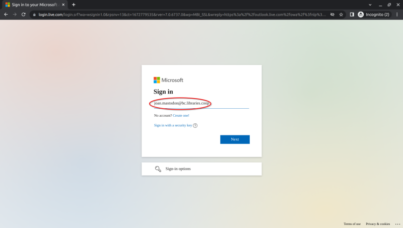 The sign-in dialogue, highlighting joan.mastodon@bc.libraries.coop as the entered username.