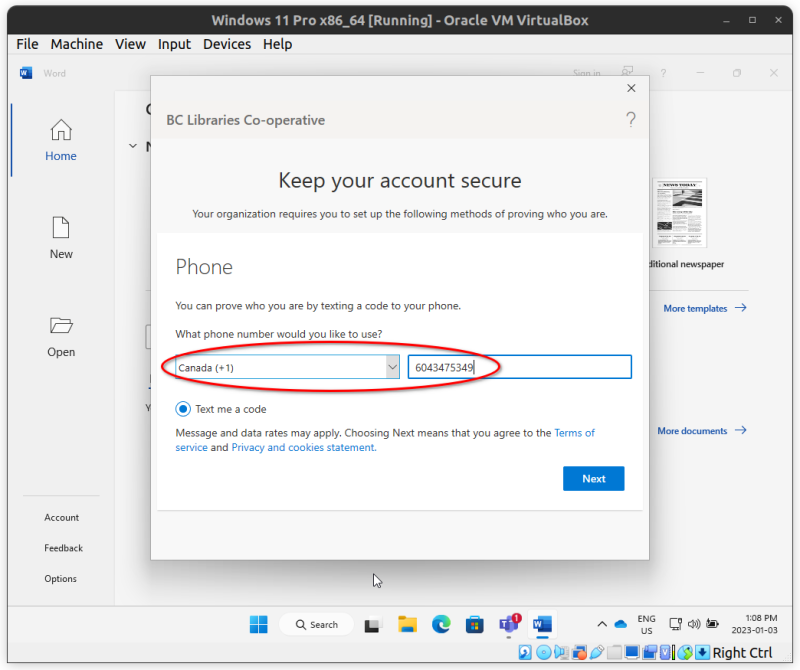 A "Keep your account secure" dialogue reading "Your organisation requires you to set up the following methods of proving who you are. Phone: You can prove who you are by texting a code to your phone. What phone number would you like to use?" Below that are a drop-down selector for selecting a country and a text entry field for a phone number. The selector and text entry field are highlighted.