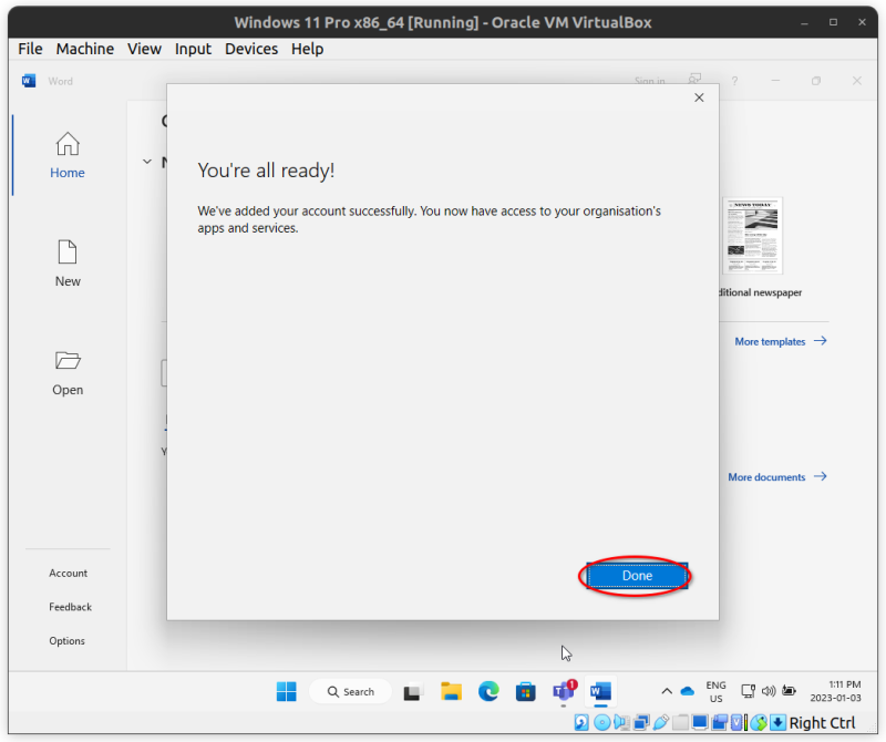 A "You're all ready!" dialogue reading "We've added your account successfully. You now have access to your organisation's apps and services." The Done button is highlighted. Trivia: this is the first time they've spelled "organisation" correctly in this method, even though my OS and apps are all British English.