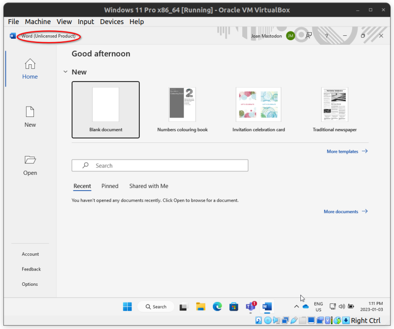 The welcome screen of Microsoft Word, entitled "Good afternoon". It shows available templates, a search, and an empty list of recent documents in addition to buttons for Home, New, and Open in the left column. Account, Feedback, and Options links are near the bottom-left of the screen.