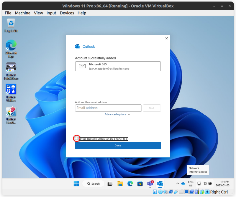 An Outlook dialogue displaying "Account successfully added: Microsoft 365: joan.mastodon@bc.libraries.coop". There is a text box giving the option to add another email address. None is necessary. Under that, there is a checkbox labelled "Set up Outlook Mobile on my phone, too" and the checkbox is deselected and highlighted, to indicate the checkbox should be deselected, even though it defaults to selected.