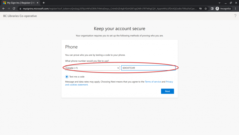 A "Keep your account secure" dialogue, including prompts for the selection of a country code and a text box for the input of a phone number. The latter two items are highlighted.