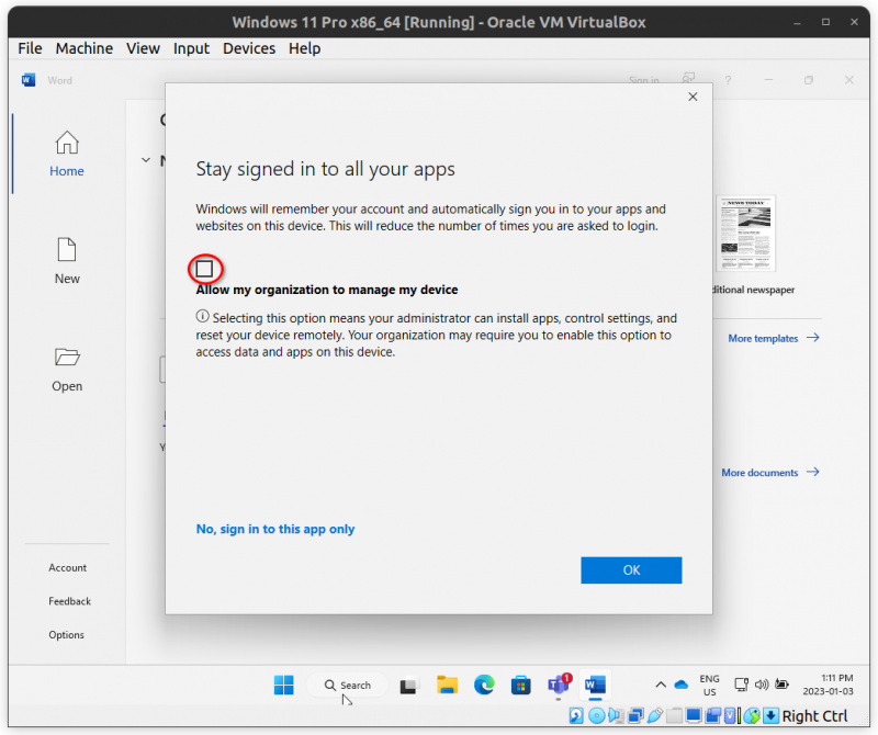 A "Stay signed in to all your apps" dialogue reading "Windows will remember your account and automatically sign you in to your apps and websites on this device." There is a checkbox labelled "Allow my organisation to manage my device" which is checked by default but is *NOT* checked in the diagram; it is highlighted to indicate to UNcheck the checkbox.